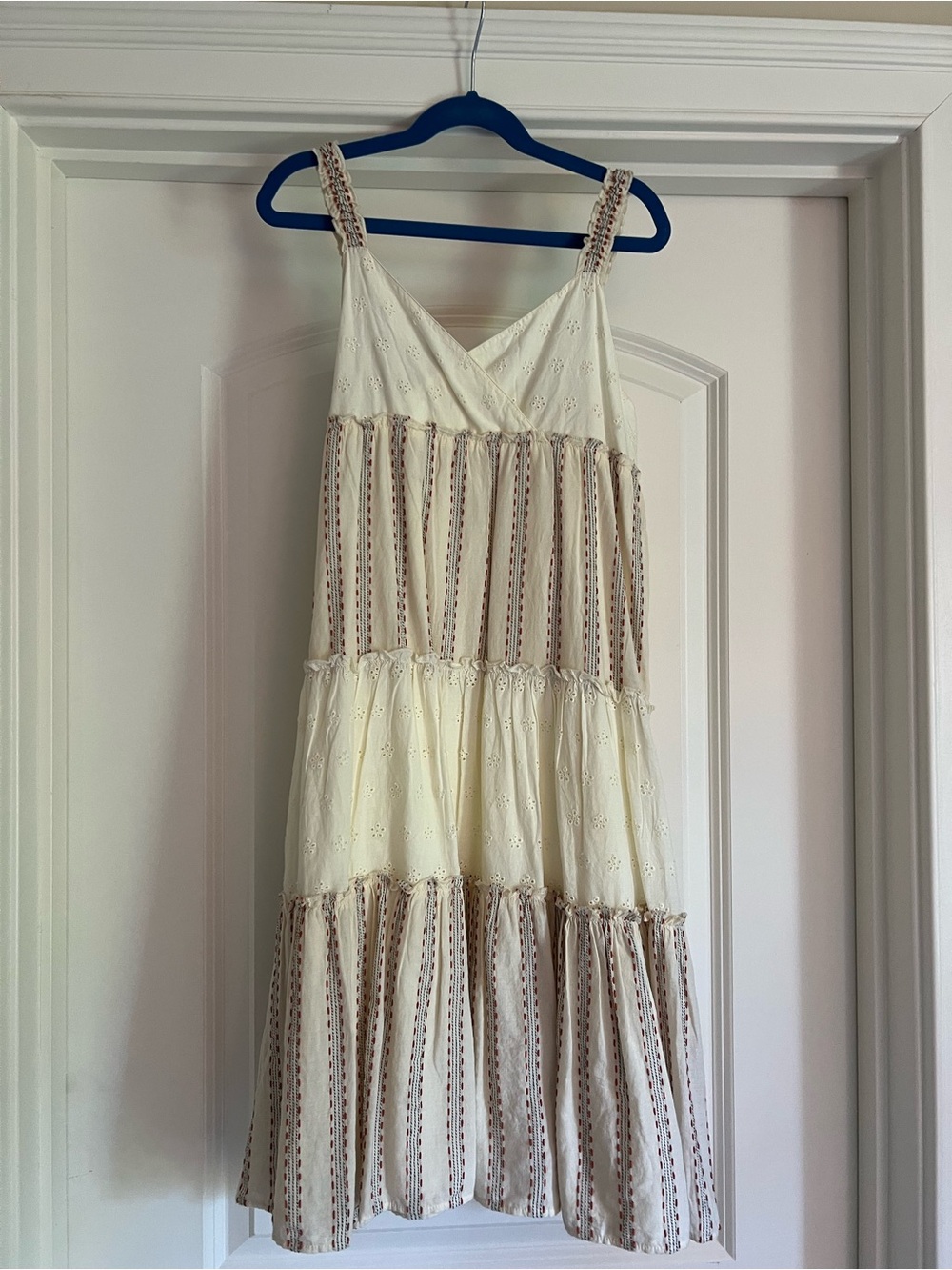 Zara Cream Eyelet Tiered Sundress with Brown Stripe Trim